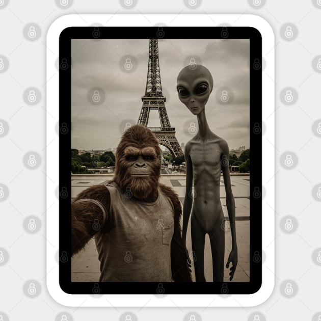 Selfie of Bigfoot and Alien in Paris-Eiffel Tower Sticker by Megadorim